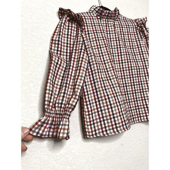 Mi Pequeña Tribu Red Checked Plaid Ruffle Long Sleeve Top Size 10 - Picture 3 of 7